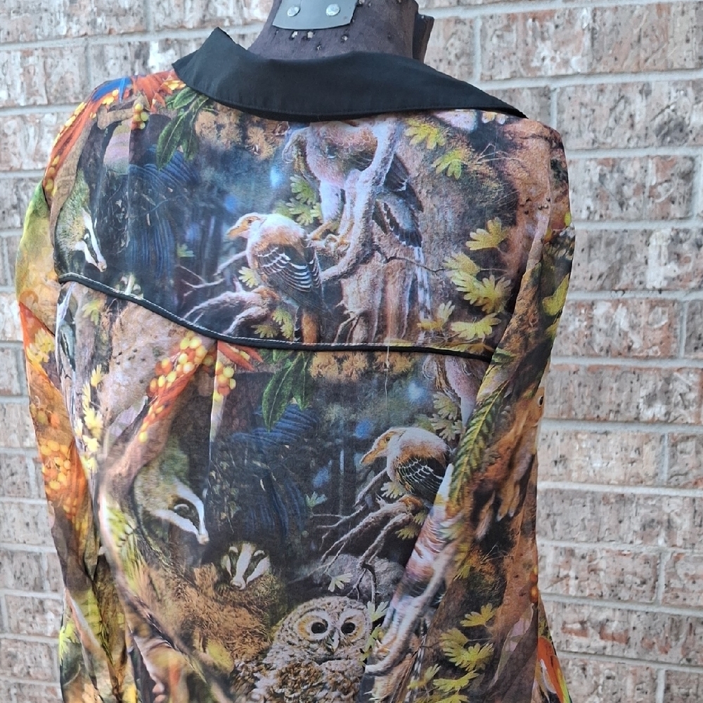 Yumi 6/8 Colorful Forest Gothica Style Print Button-Up Sheer TUNIC Shirt - Picture 7 of 12